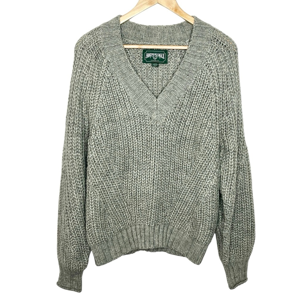 American Eagle Chunky Oversized Sweater Gray Womens Size Small Fisherman Grandpa